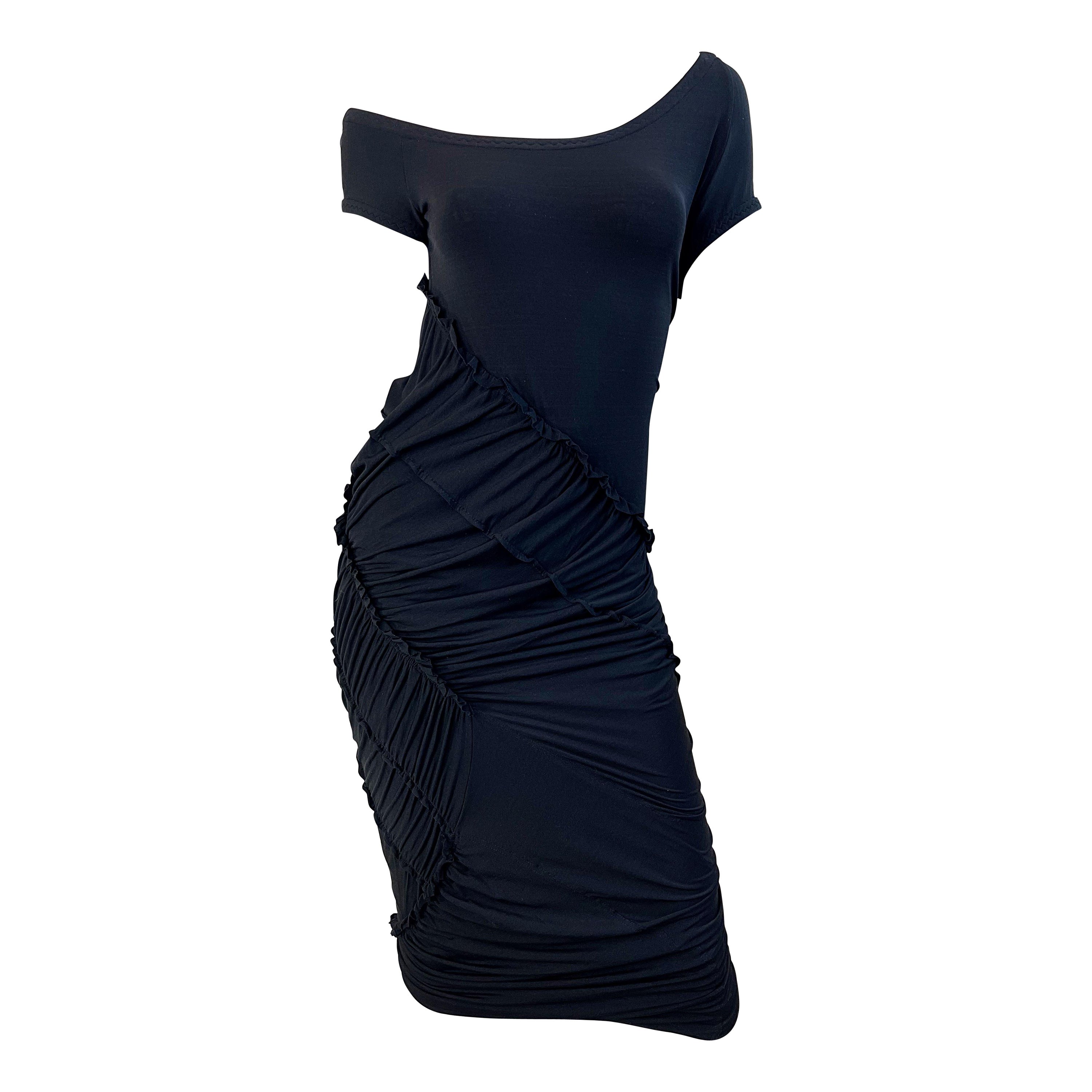 Donna Karan Collection Size Large 2000s Black Silk Jersey Off Shoulder Dress For Sale