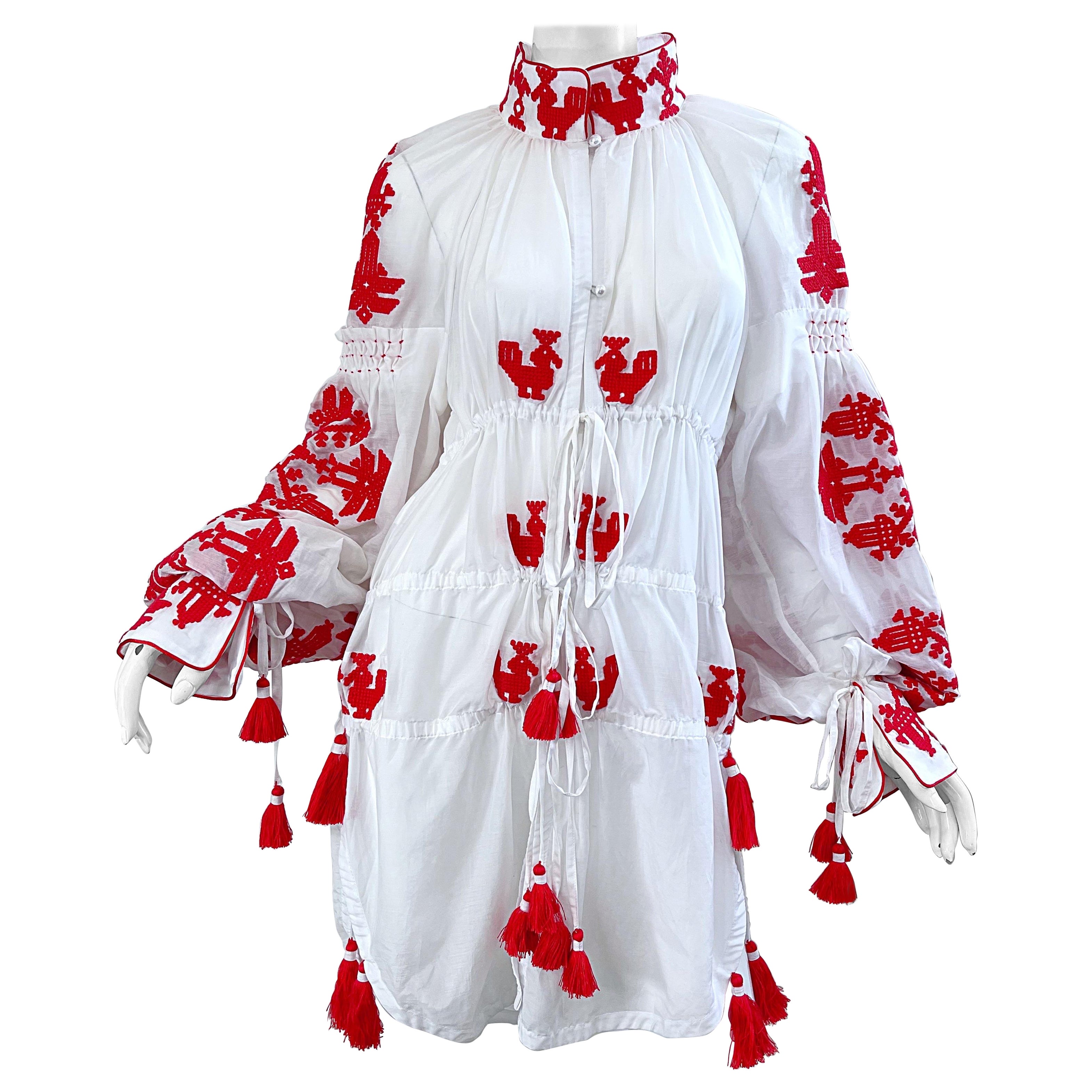 Yuliya Magdych Ukraine Designer Hand Embroidered Red White Tassel Caftan Dress For Sale
