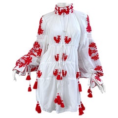 Yuliya Magdych Ukraine Designer Hand Embroidered Red White Tassel Caftan Dress