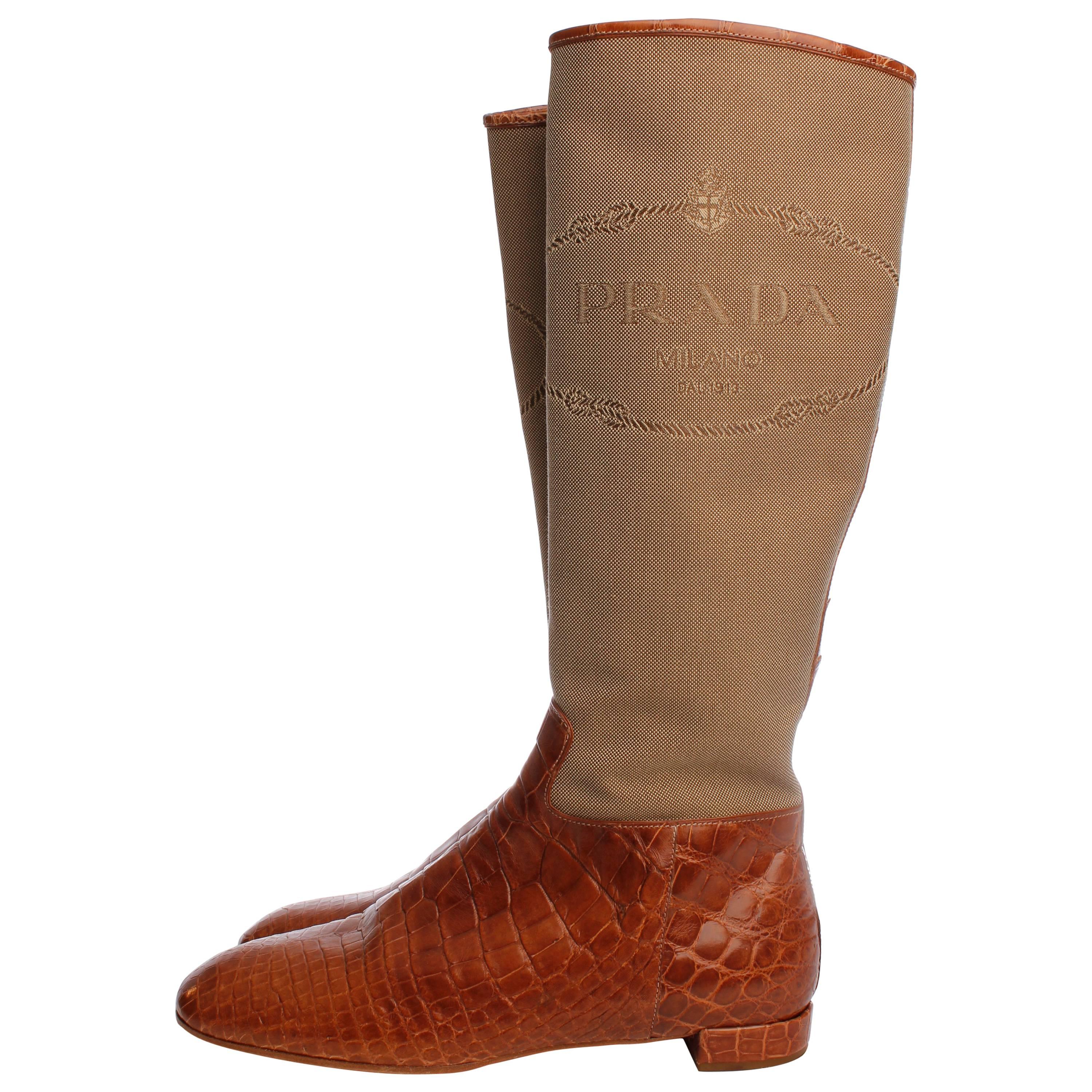 Prada Crocodile Leather and Jacquard Canvas Boots - camel For Sale