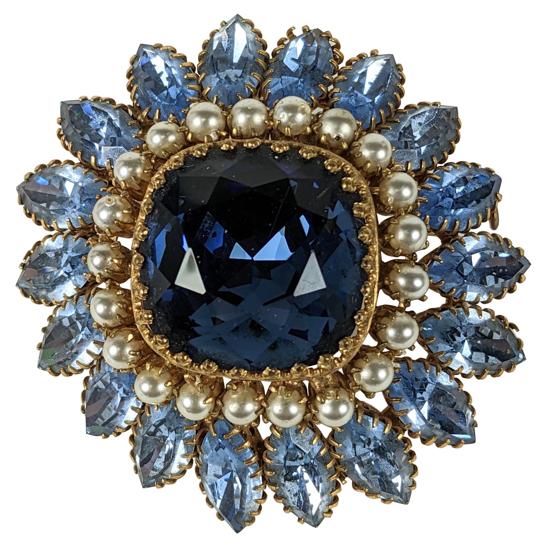 Countess Cis Sapphire, Aquamarine and Pearl Brooch For Sale