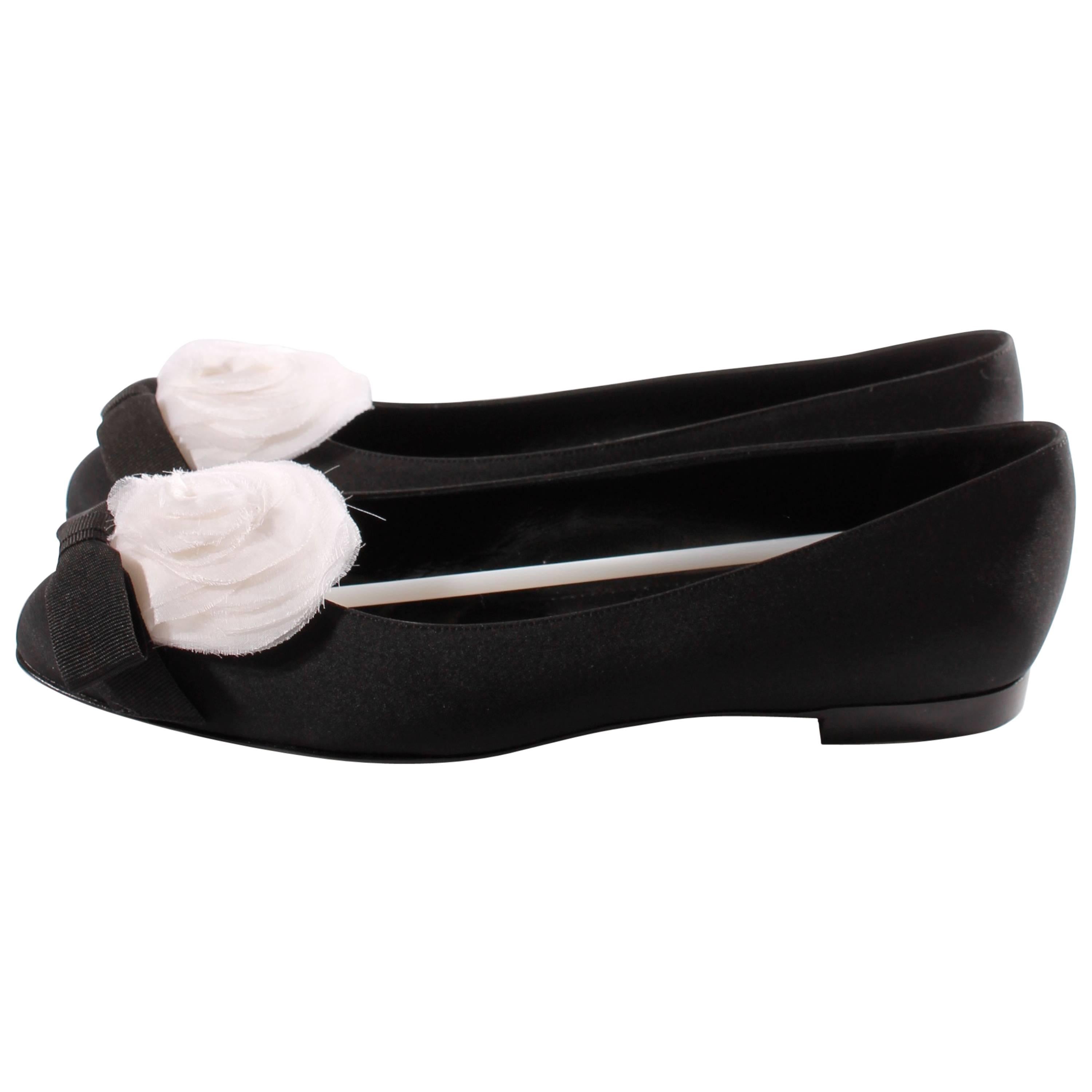 Chanel Satin Camellia Flats - black/white