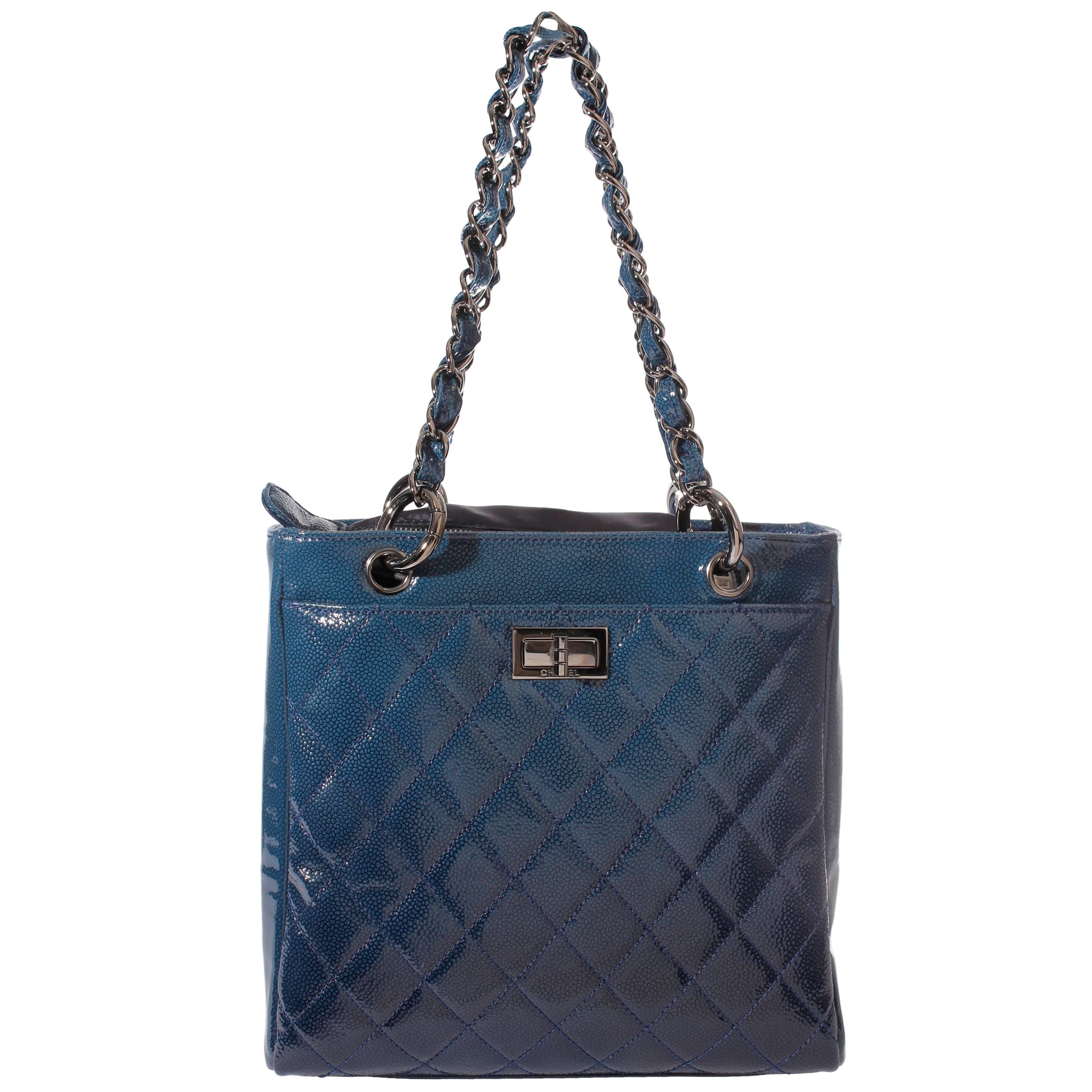 Chanel Mini Shopper Tote Bag - blue patent caviar leather