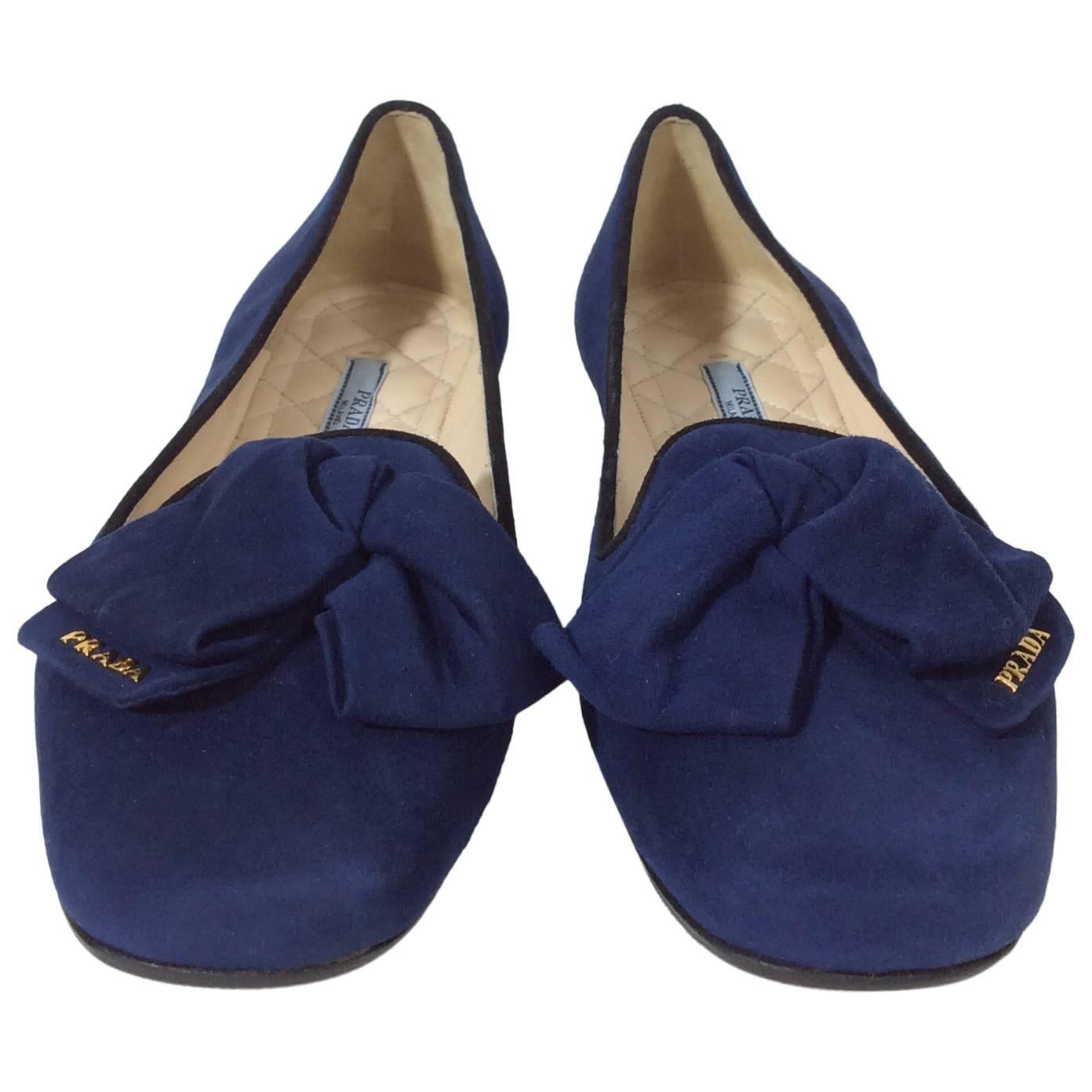 Prada Navy Suede Loafers with Bow Detail