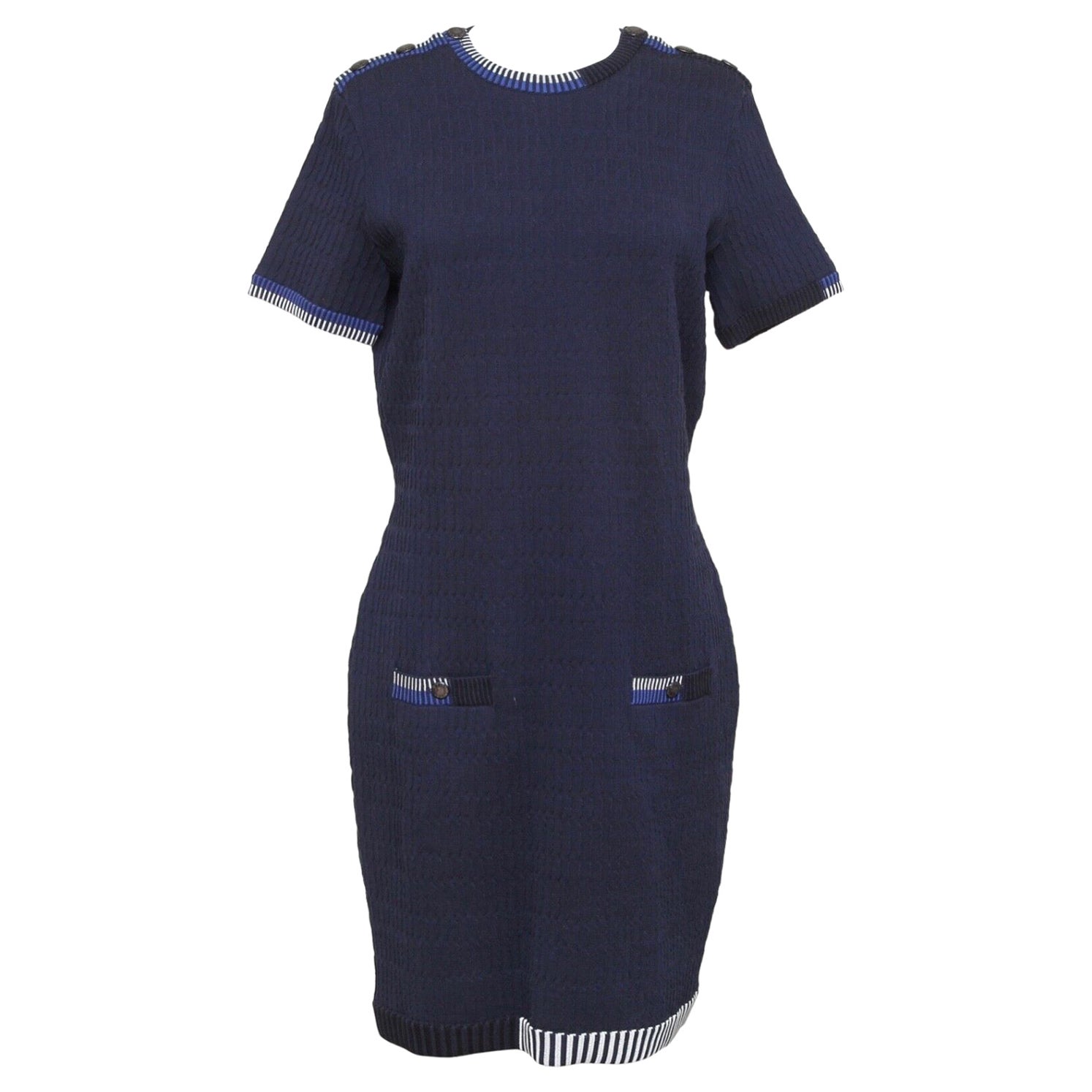 CHANEL Sweater Knit Dress Navy Blue White Short Sleeve Sz 42