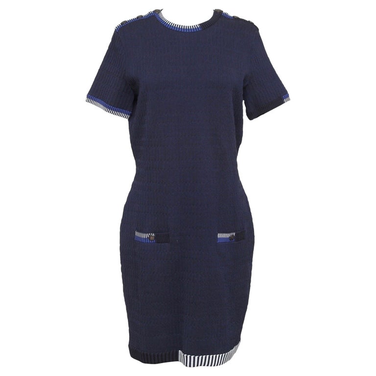 CHANEL Sweater Knit Dress Navy Blue White Short Sleeve Sz 42 For