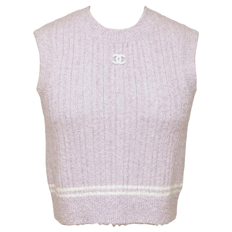 CHANEL Knit Sweater Top Lavender Cropped White Sleeveless Crew Neck 36 NWT  22P For Sale at 1stDibs