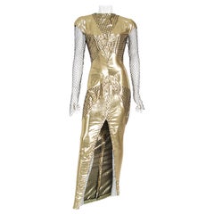 Vintage 1985 Thierry Mugler Couture Metallic Gold Lamé & Fishnet High-Slit Gown