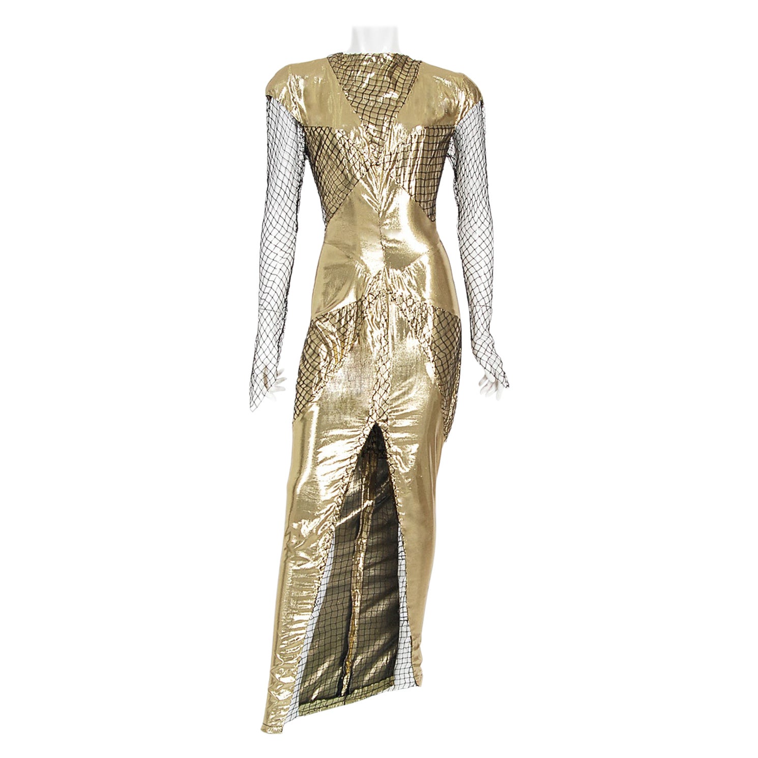 1985 Thierry Mugler Couture Documented Metallic Gold Lamé Fishnet High-Slit Gown For Sale