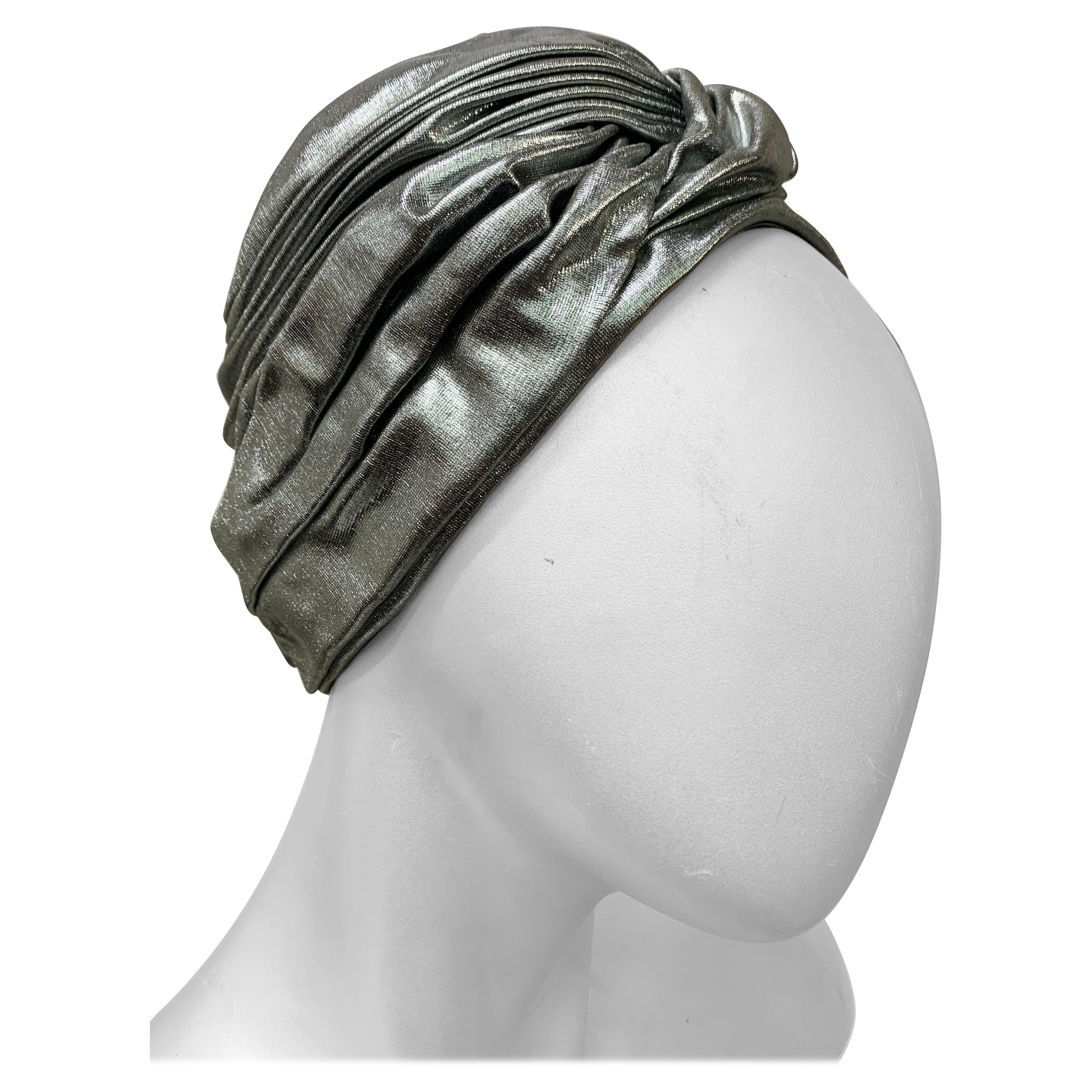 1960s Christian Dior Pewter Lame Pleated Disco Turban Hat with Front Twist For Sale