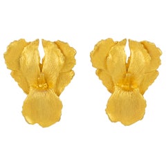 Kenzo Paris Gilt Metal Iris Flower Clip Earrings