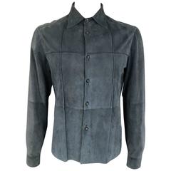 Men's JIL SANDER 40 Navy Suede Collared Windowpane Seam Shirt Jacket