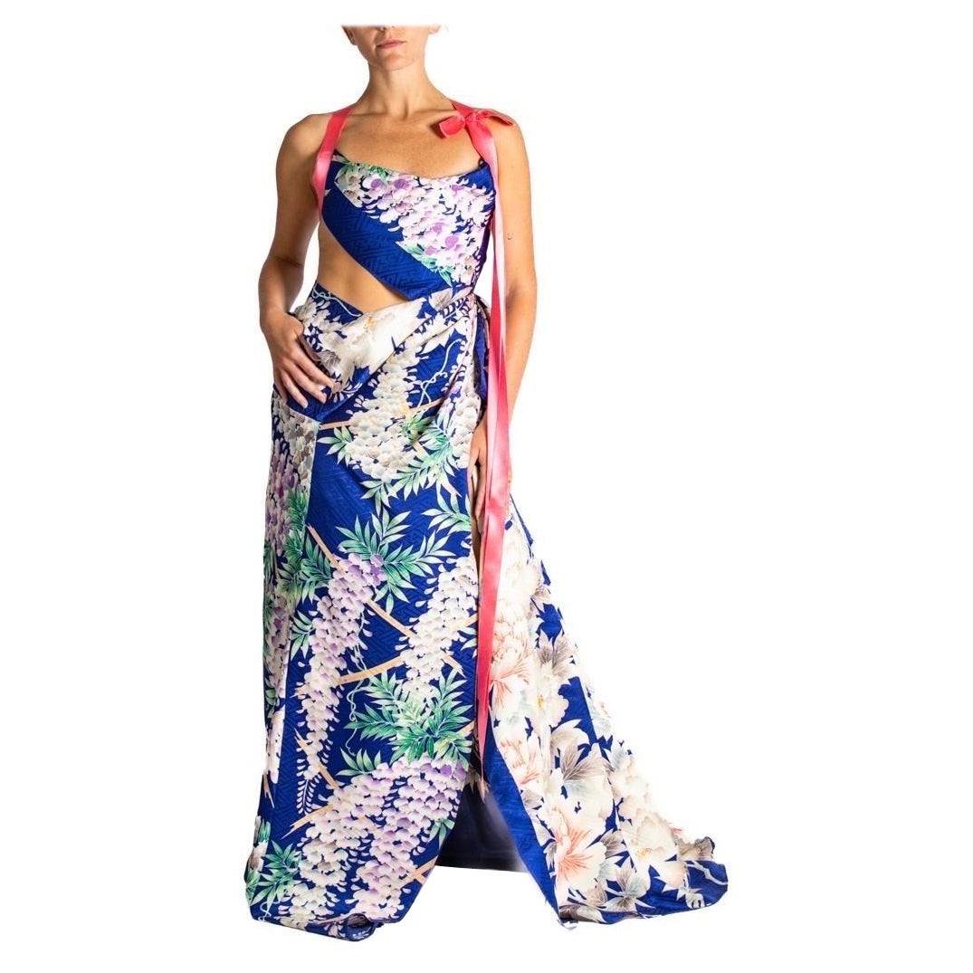 MORPHEW ATELIER Cobalt Blue Bias Cut Japanese Kimono Silk Gown With 1940S Shock For Sale