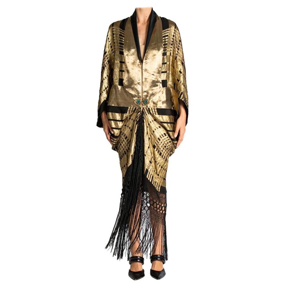 MORPHEW ATELIER Gold Black Lamé Luxurious And Silk With Hand Printed Flower Des For Sale