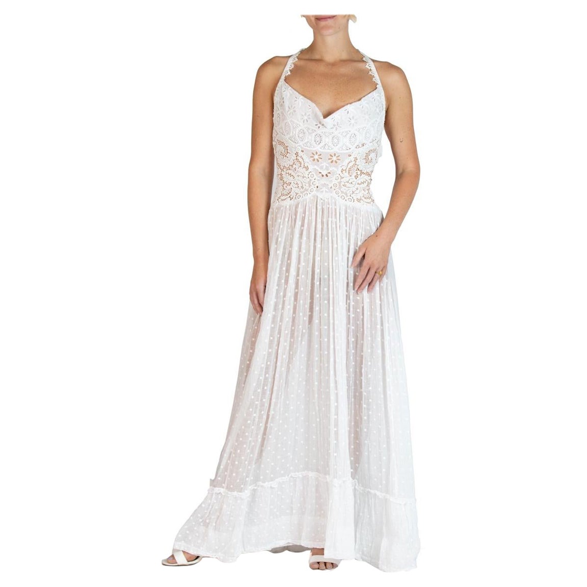 MORPHEW ATELIER White Organic Cotton With Victorian Lace & Dotted Voile Gown For Sale