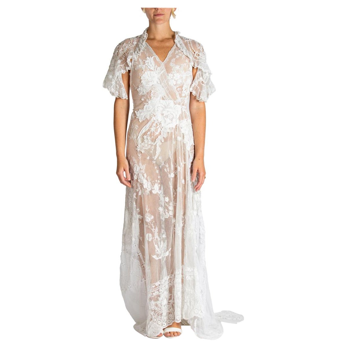 MORPHEW ATELIER White Cotton Embroidered Antique Net Lace Gown With Cut-Out Back For Sale