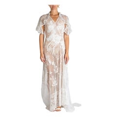 MORPHEW ATELIER Weiße Baumwolle, bestickt, antike Netzspitze Kleid mit Ausschnitt