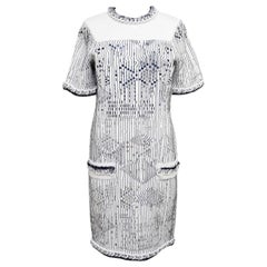 CHANEL Sweater Dress White Knit Metallic Short Sleeve Silver Blue 14S 2014 Sz 40