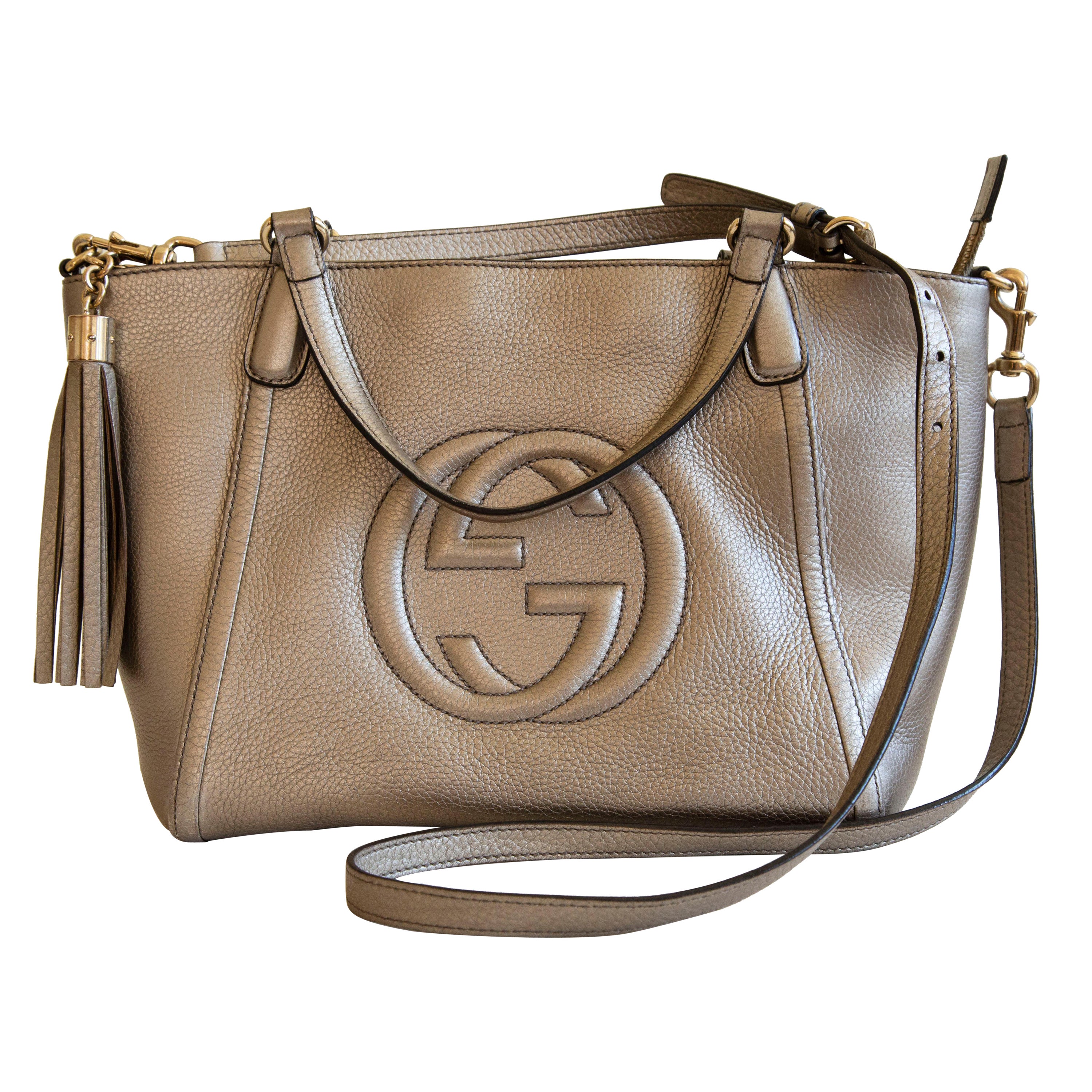 Gucci Soho Two-Way Bag in Metallic Champagne Leather For Sale at 1stDibs