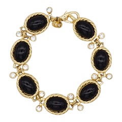Christian Dior Vintage 1980s Black Onyx Oval Beaded White Crystals Gold Bracelet