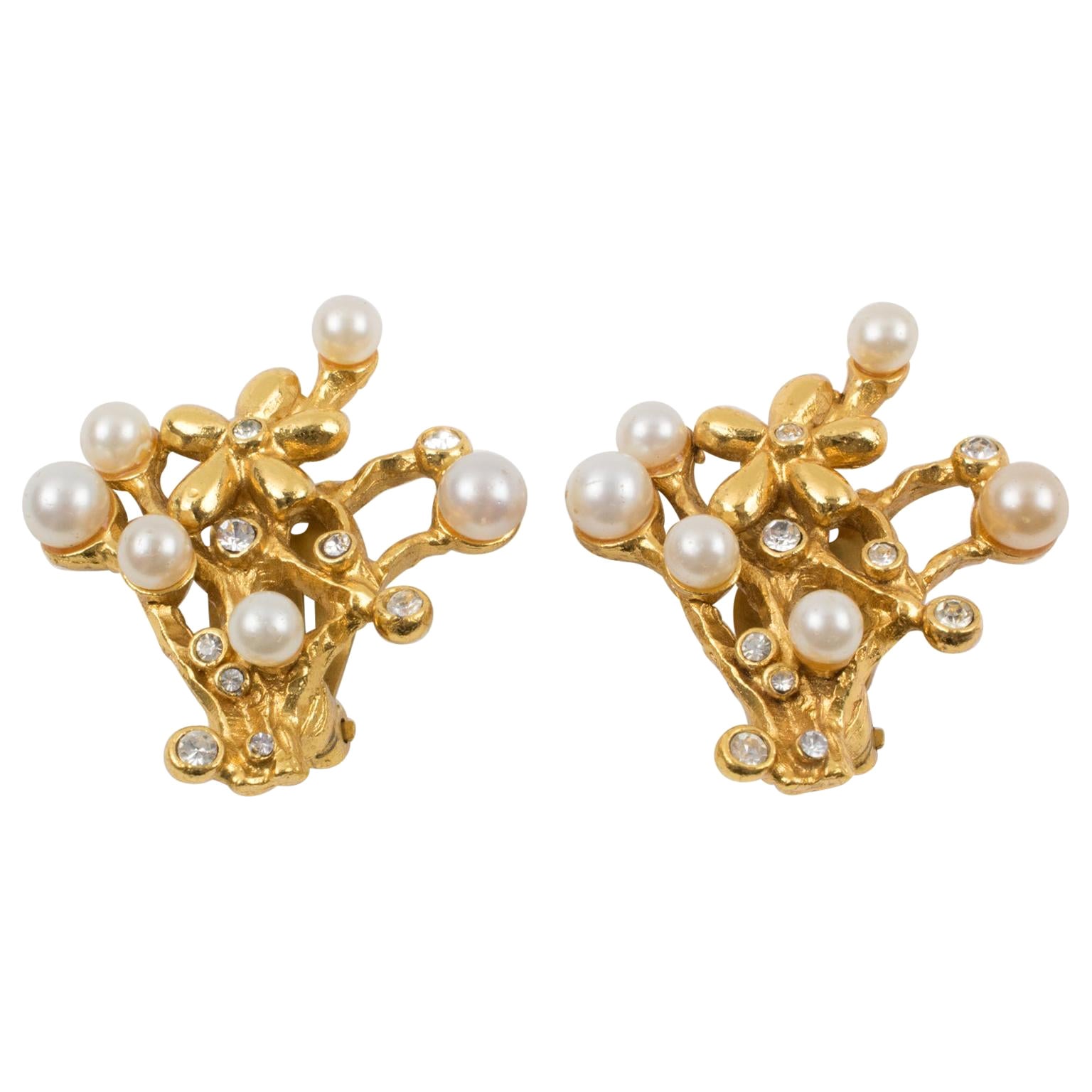 Kenzo Jeweled Clip Earrings with Floral Pearls For Sale
