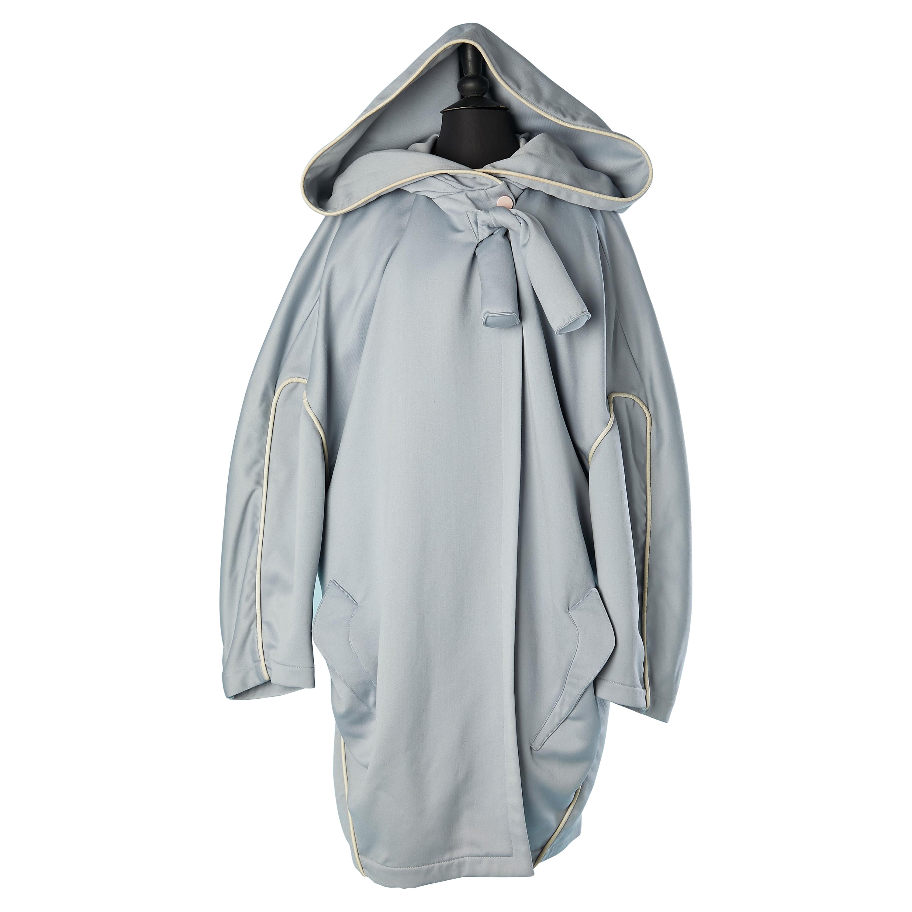 Pale blue wool oversize coat with hood and leather piping Thierry Mugler  For Sale