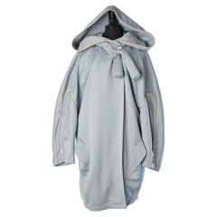 Pale blue wool oversize coat with hood and leather piping Thierry Mugler