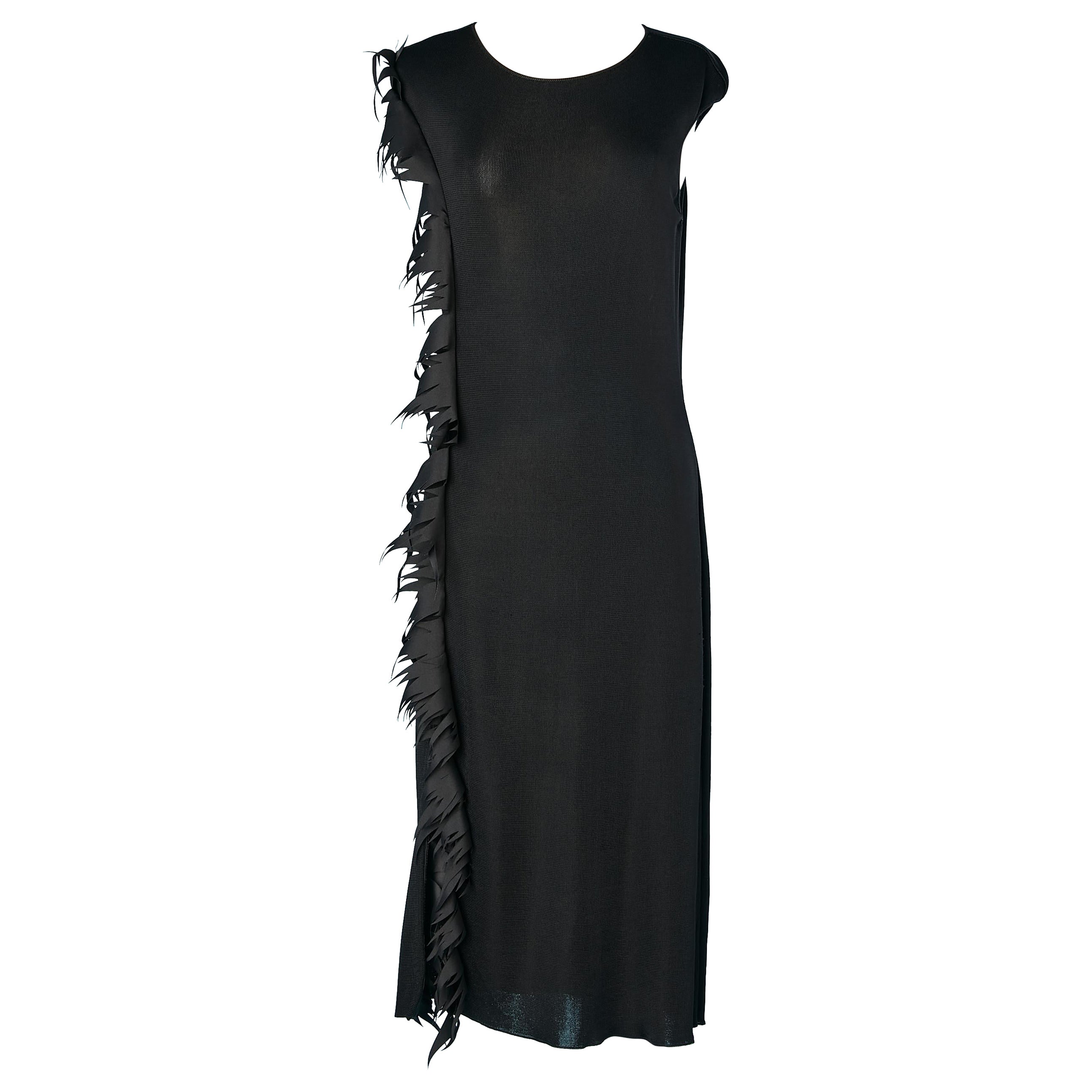 Black rayon knit cocktail dress with black satin flame Thierry Mugler Couture  For Sale