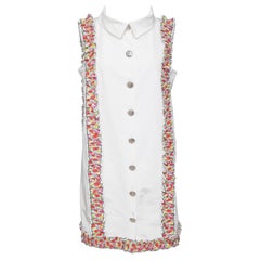 CHANEL Dress White Sleeveless Multicolor Floral Silver HW Collar 42 RUNWAY 2016