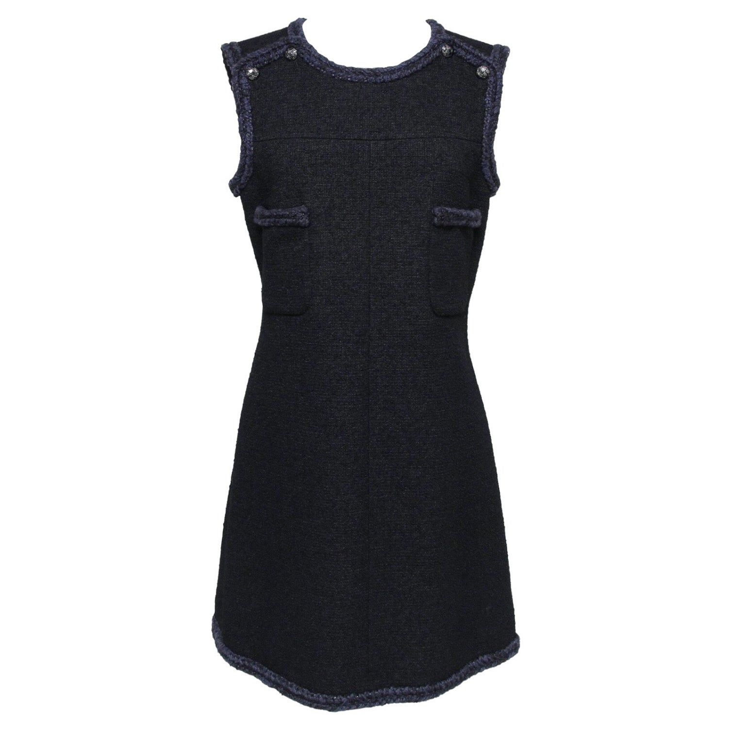 CHANEL Dress Tweed Black Navy Sleeveless Braided Trim Wool Silk Sz 42 2013 For Sale