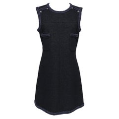 CHANEL Dress Tweed Black Navy Sleeveless Braided Trim Wool Silk Sz 42 2013