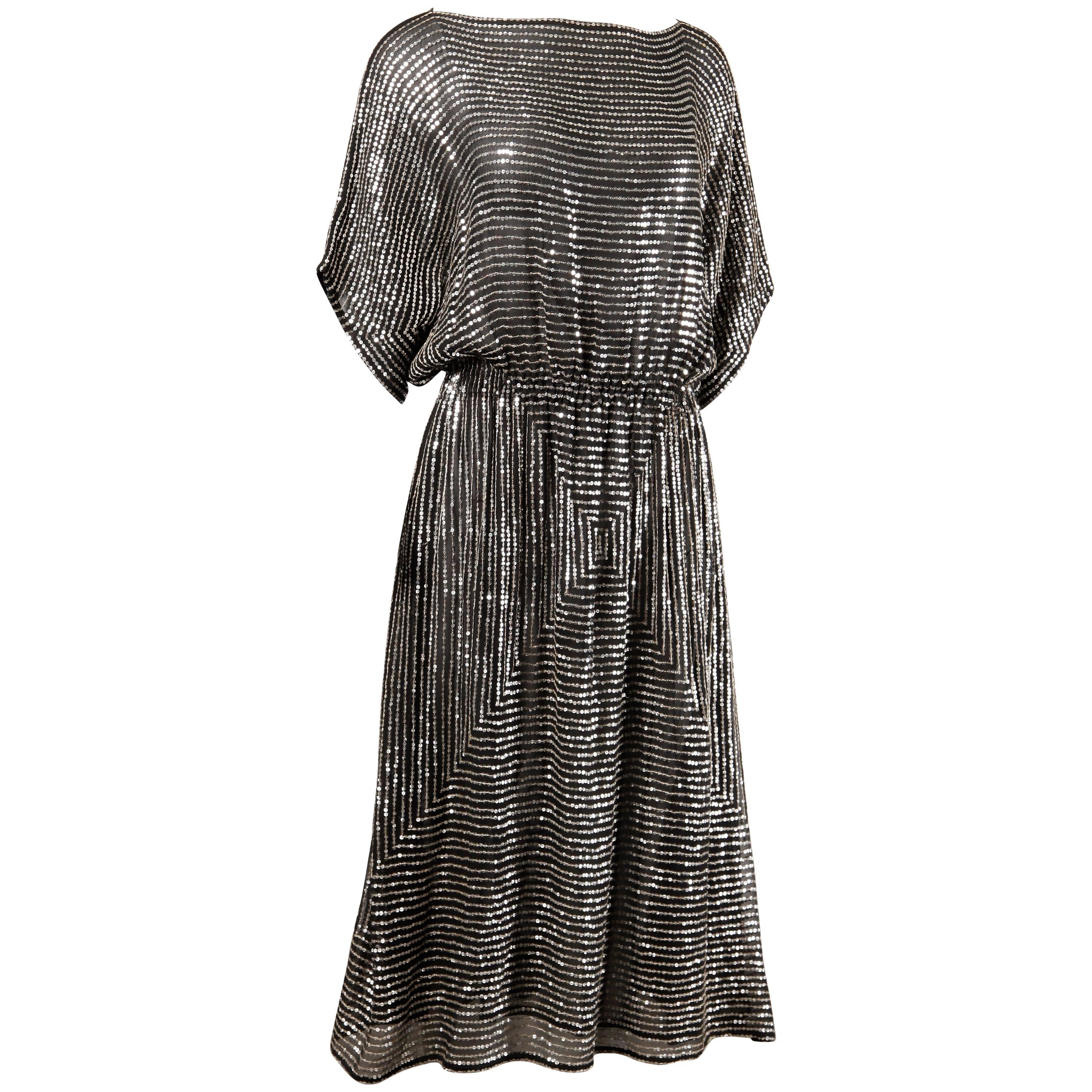 Judith Ann Vintage 1970s Black Silk Chiffon Dress with Metallic Silver Sequins