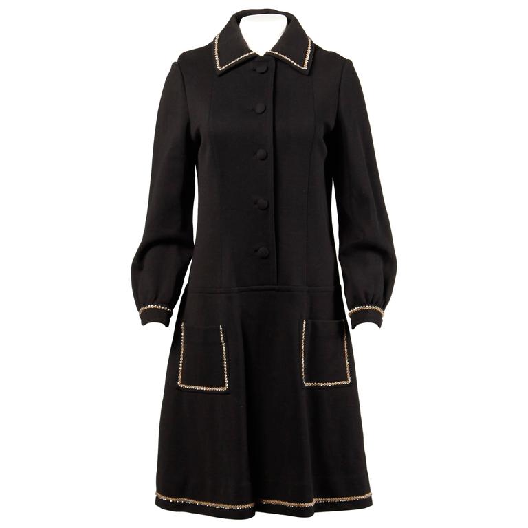 1960s Vintage 100% Wool Black Coat Dress with Rhinestone Beaded Trim ...
