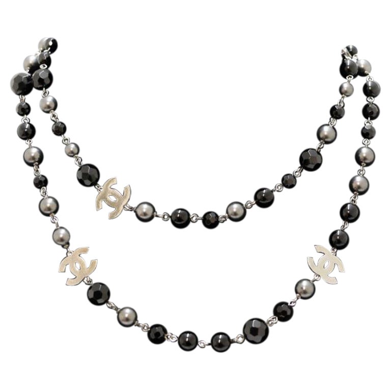 Chanel CC Logo Pearl and Crystal Long Pearl Necklace in Gilt Gold at  1stDibs