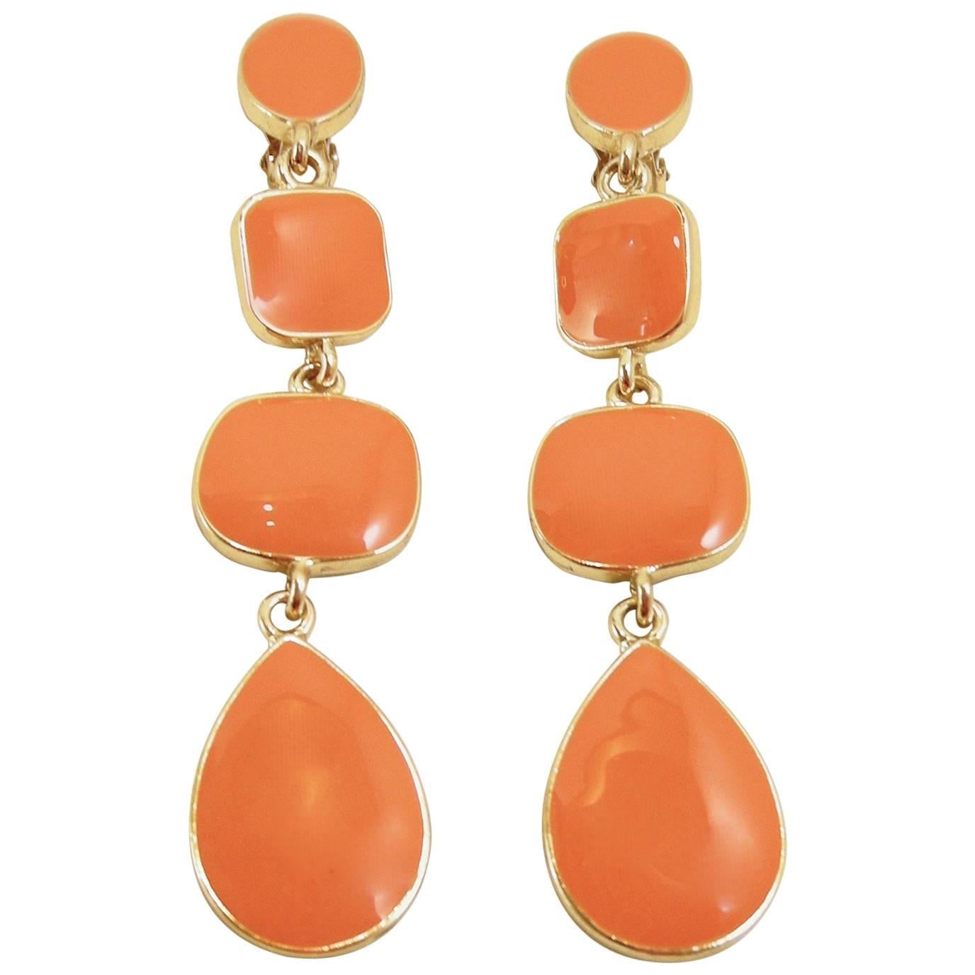 Long Kenneth Lane Coral Enamel Drop Earrings