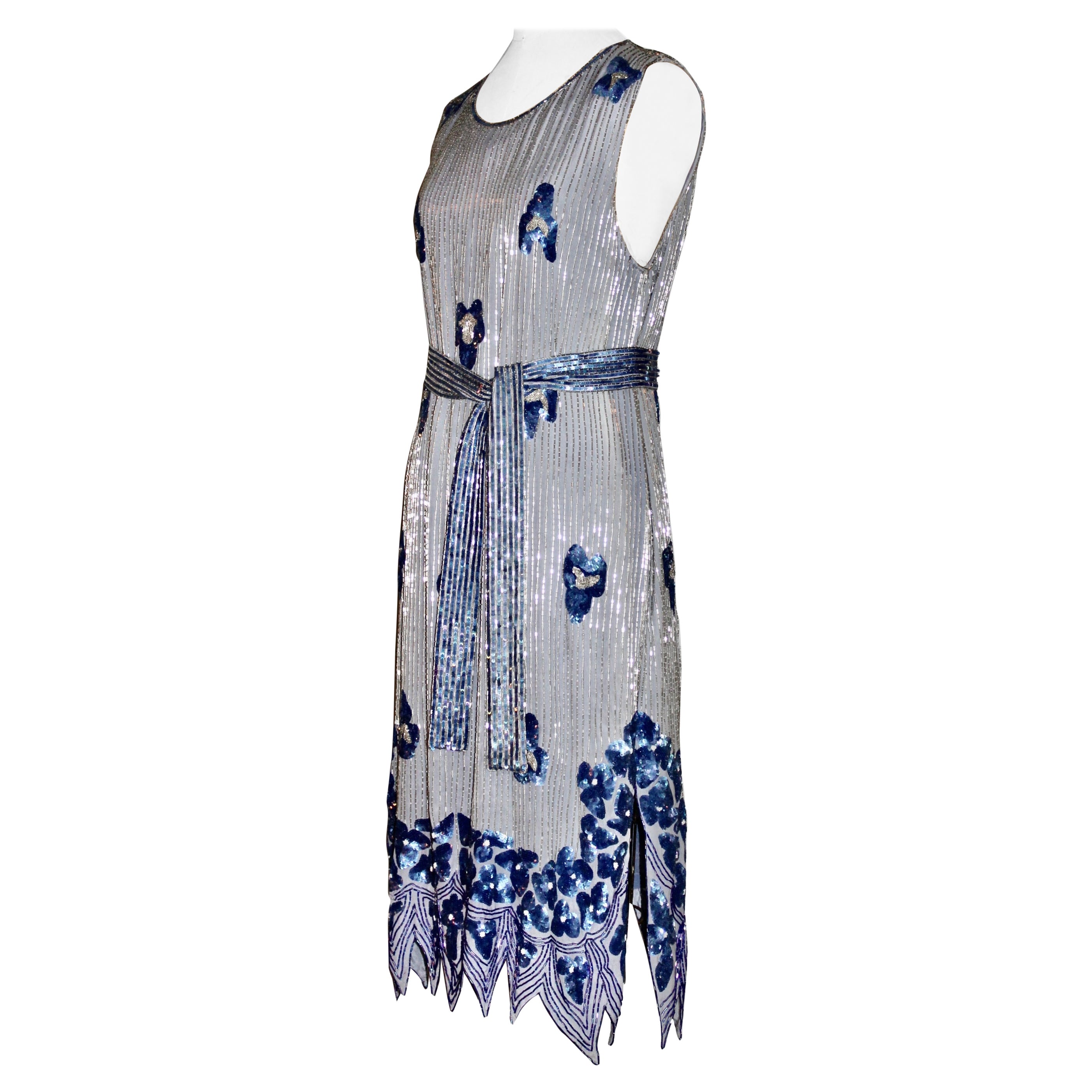 Blue Beaded Silk Flapper Dress For Sale