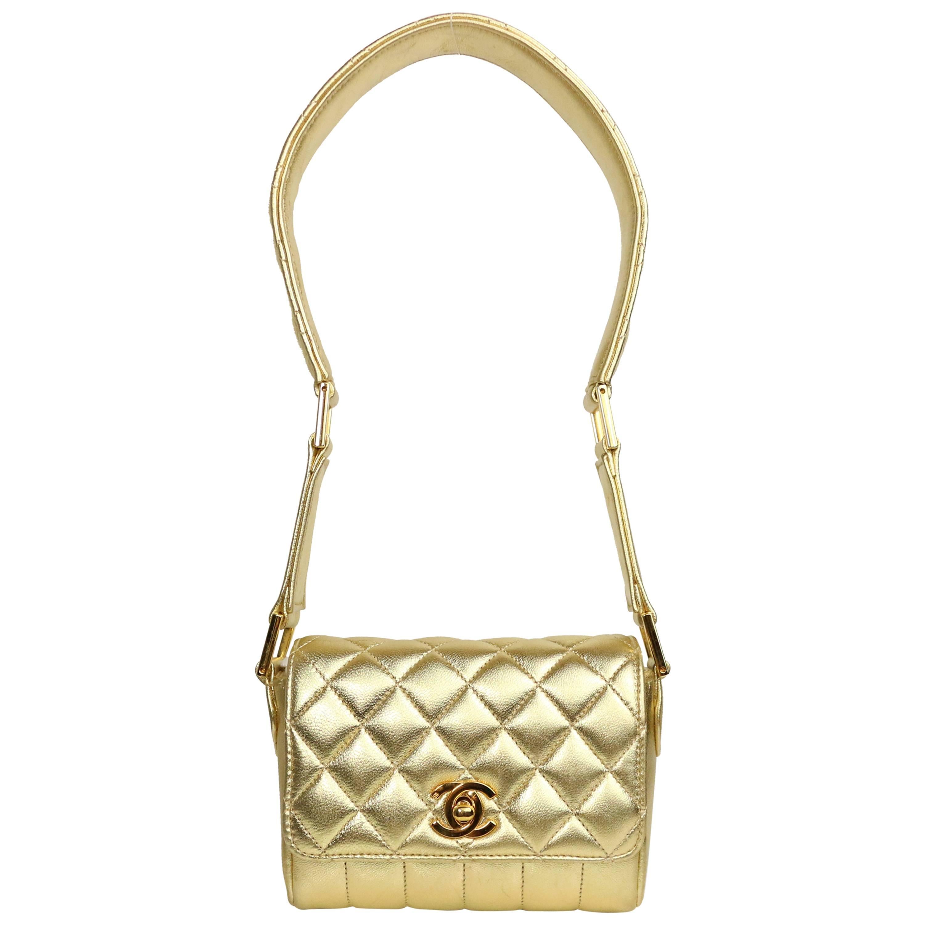 Chanel Gold Metallic Lambskin Quilted Flap Shoulder Bag For Sale