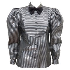 Retro A. J. Bari Black & Silver Lamé Metallic Tuxedo Style Top, 1980's