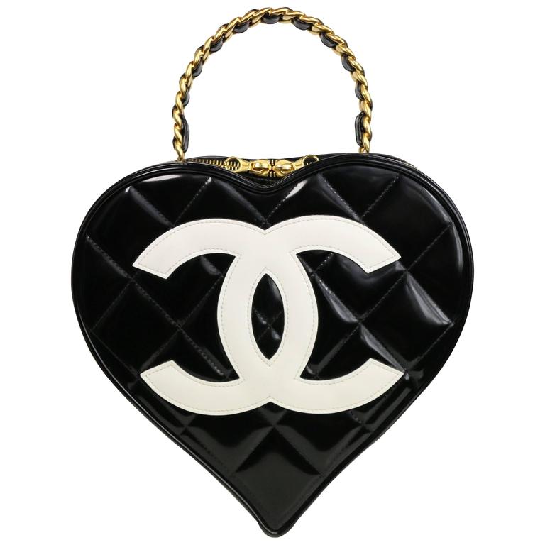 Chanel Black Patent Quilted Leather Heart-Shaped Vanity Chain Handbag at  1stDibs