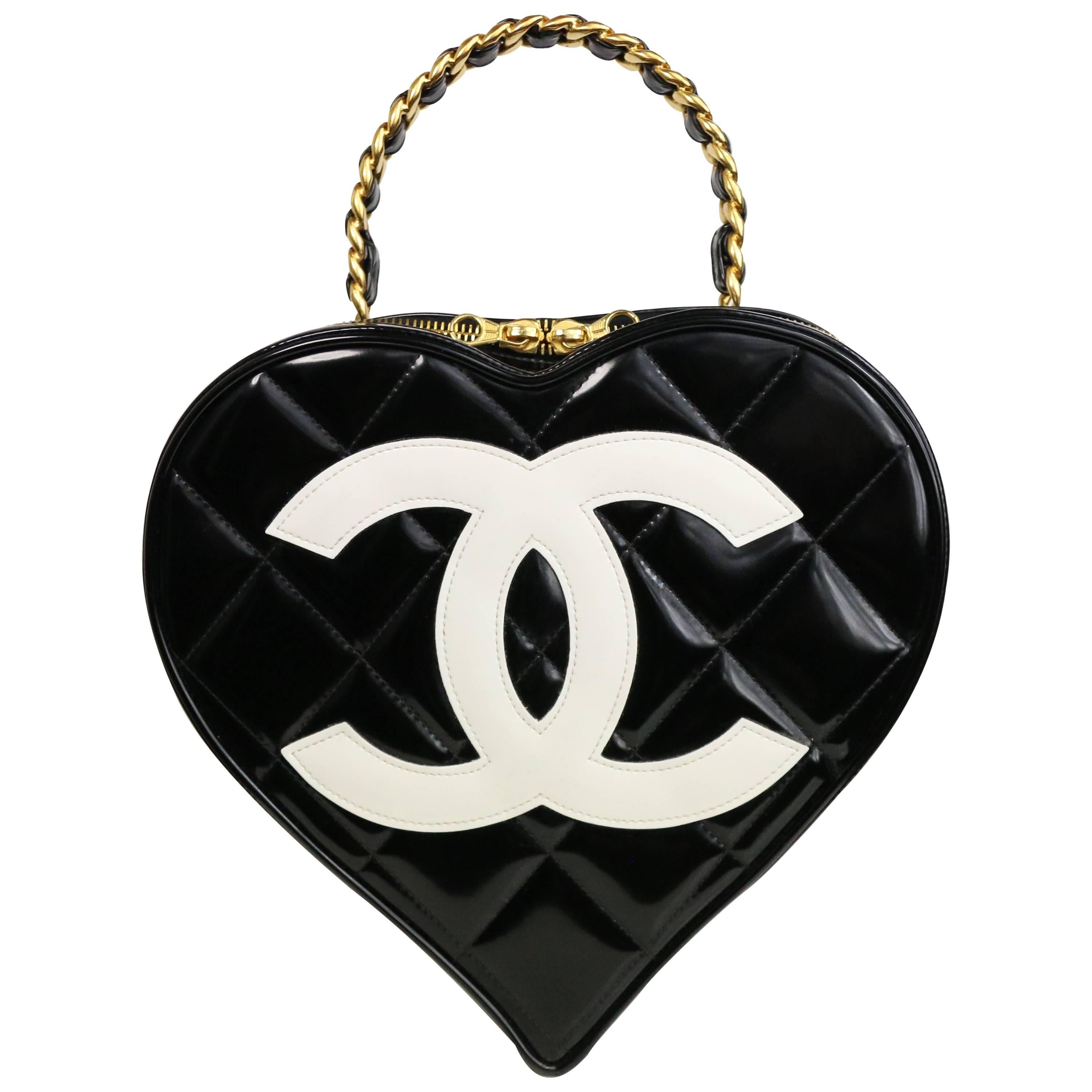 Chanel Black Patent Quilted Leather Heart-Shaped Vanity Chain Handbag