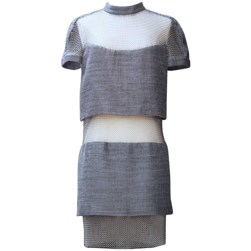 2012 Paco Rabanne Grey Wool and Silver Metal Mesh Mini Dress For Sale