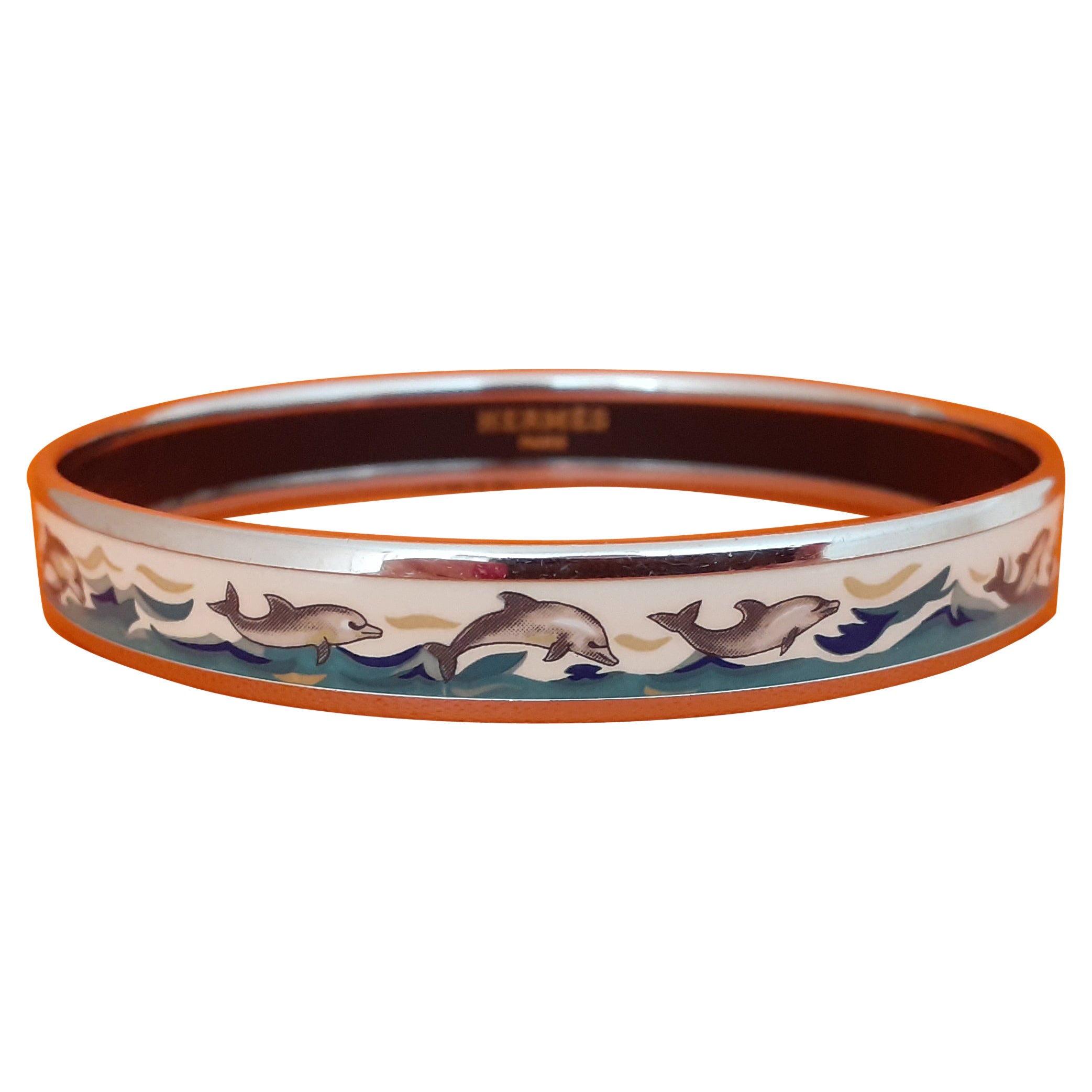 Hermès - Bracelet en émail - Dauphins à l'étroit - Taille PM 65 en vente