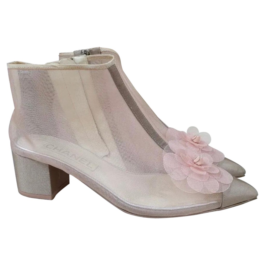 Chanel Pink Mesh and Grosgrain Flower Cap Toe Short Booties  For Sale