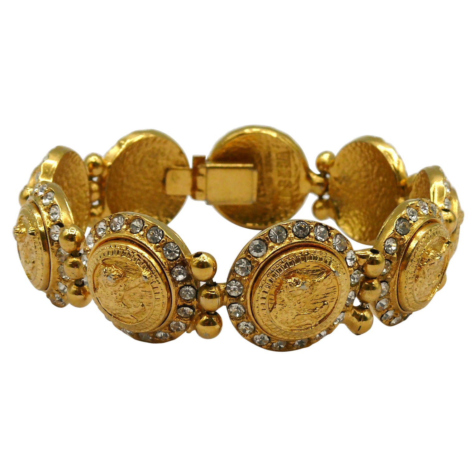 VERSUS by VERSACE Vintage Jewelled Gold Tone Feline Link Bracelet For Sale