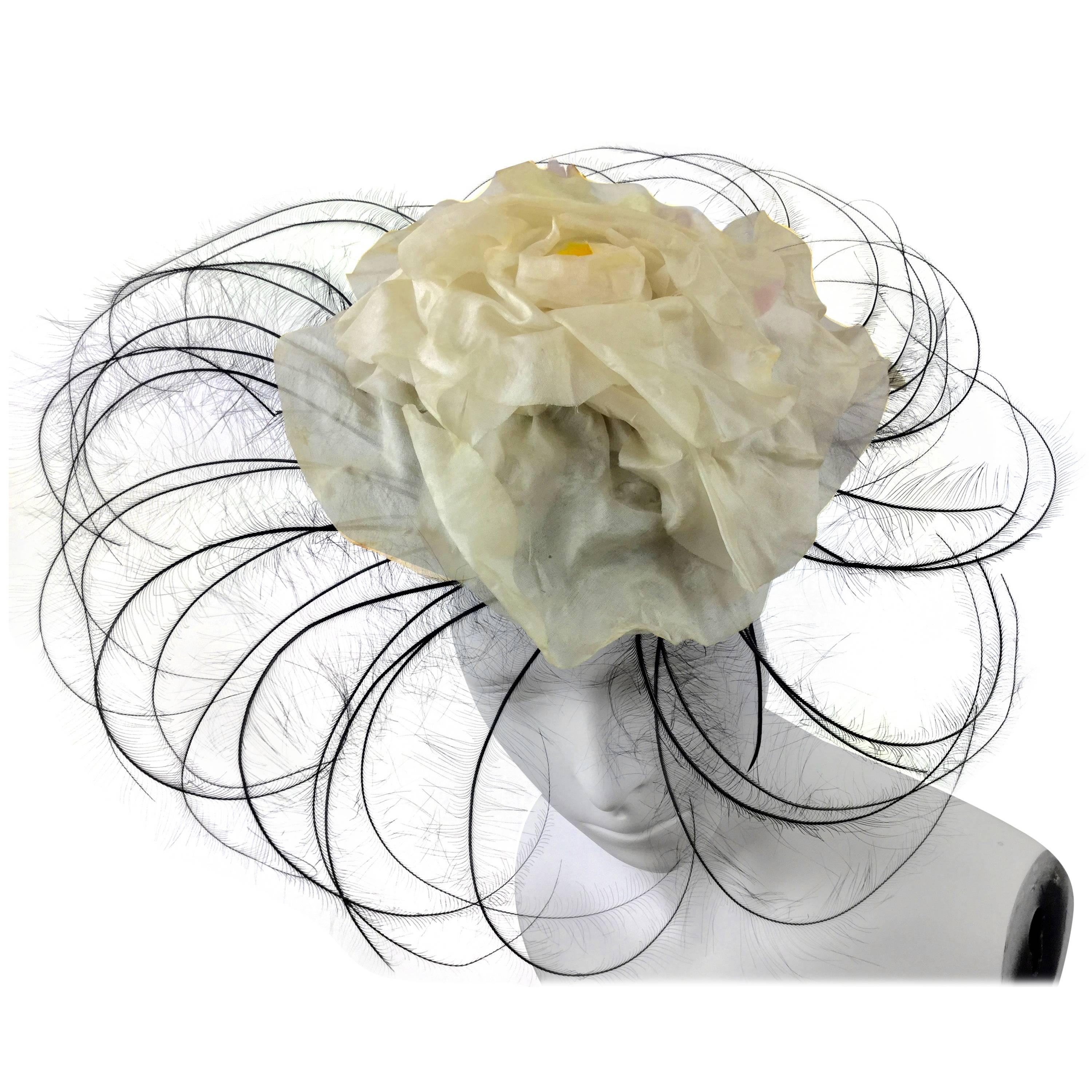 Dramatic Bes Ben Pinwheel Hat with Shaved Feathers. 1950's. For Sale