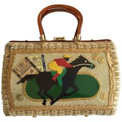 Vintage Racing Themed Wicker Handbag. 1960's.