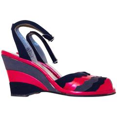 Vintage 40s Red, Grey & Navy Blue Wedges Size 6