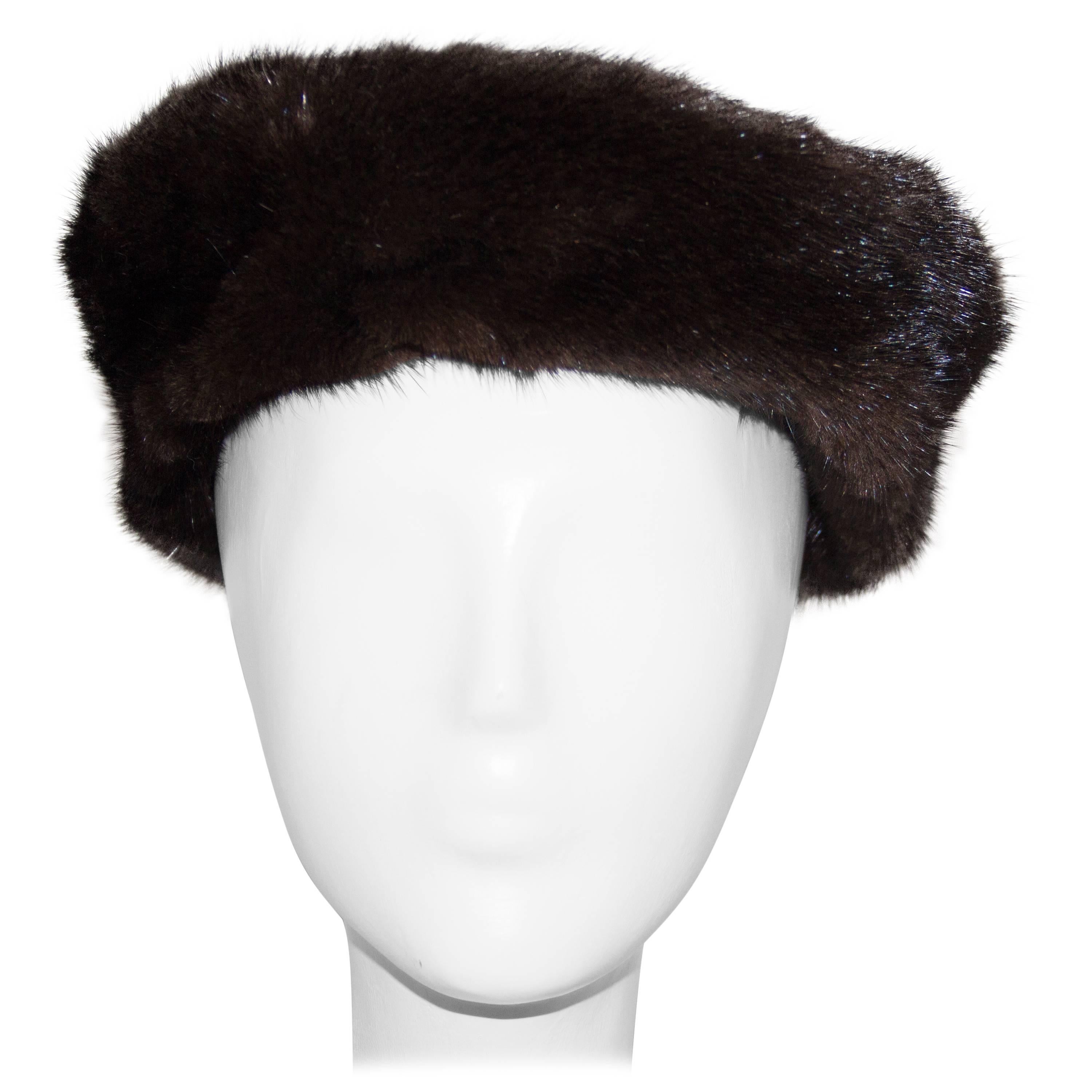 60s Chocolate Brown Mink Pillbox  For Sale