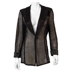 Vintage Armani Black Satin Trimmed Open Work Jacket with Sequins Larger Size