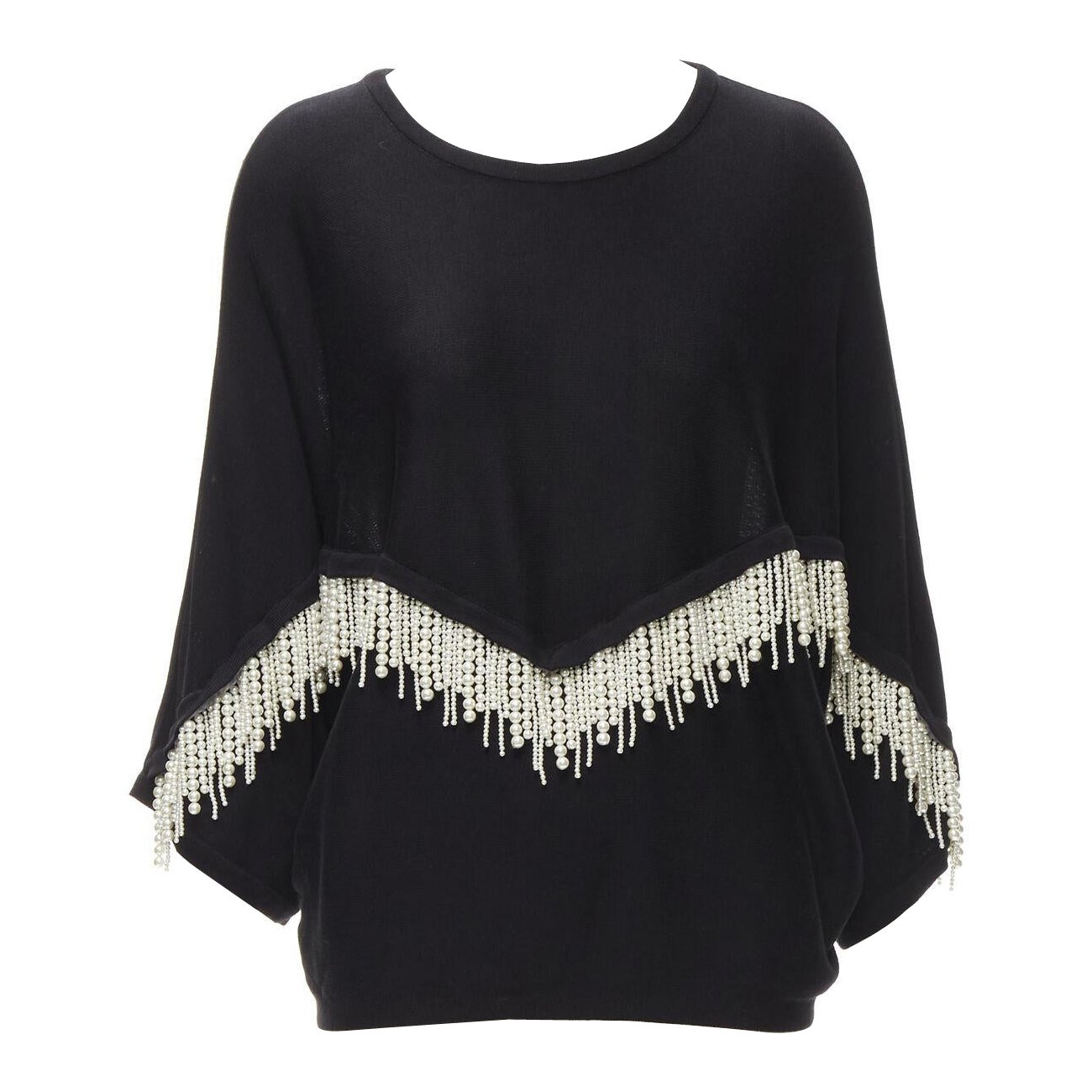 GIAMBATTISTA VALLI black dolman sleeve pearl fringe sweater top IT44 M For Sale